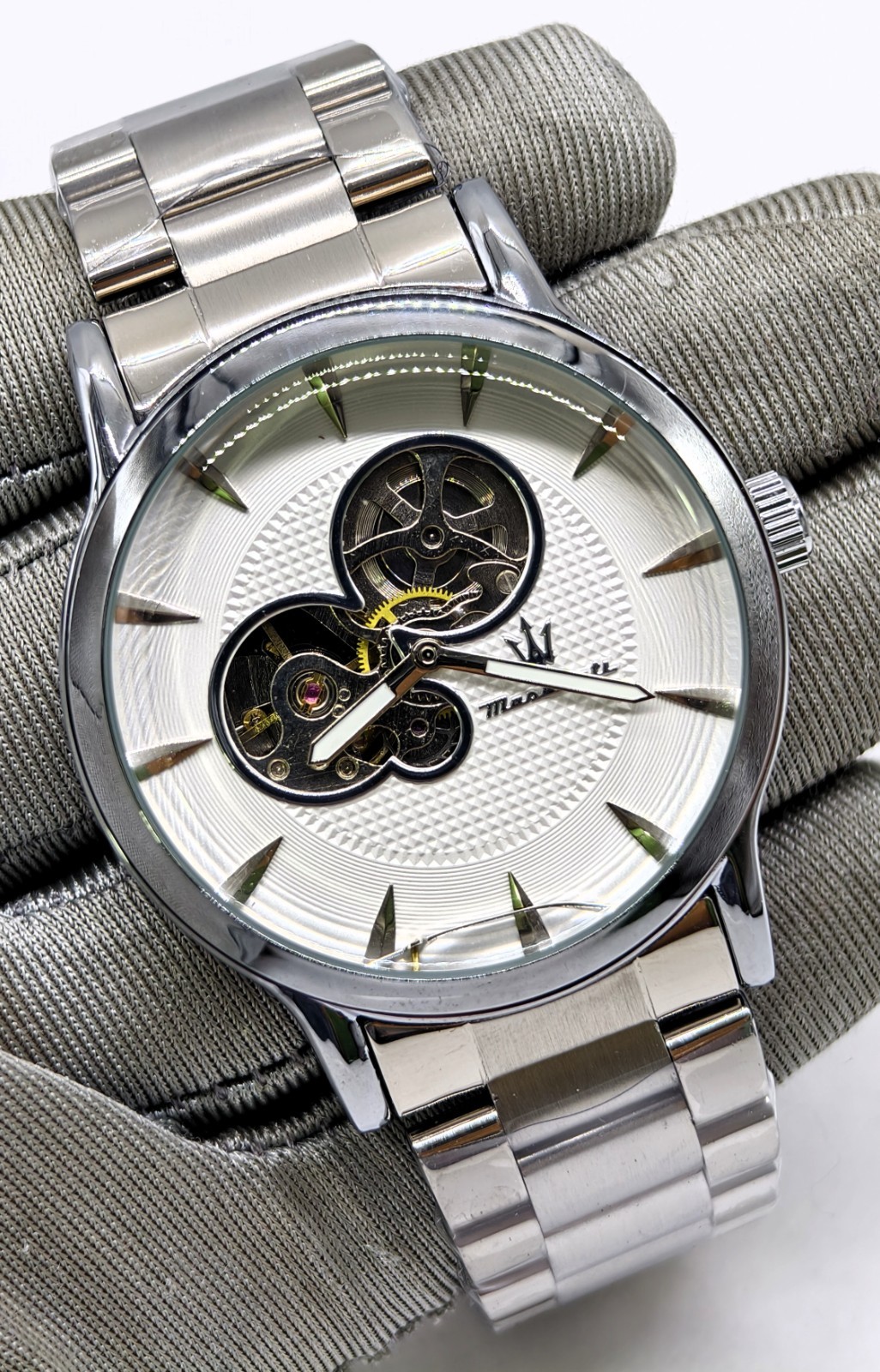 Fantastic Maserati White Skeleton Dial Automatic Silver Band Men’s Wrist Watch