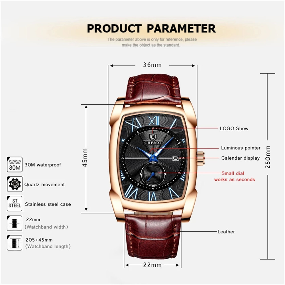 CHENXI Men’s Quartz Business Watches Leather Strap Rectangle Calendar Wristwach