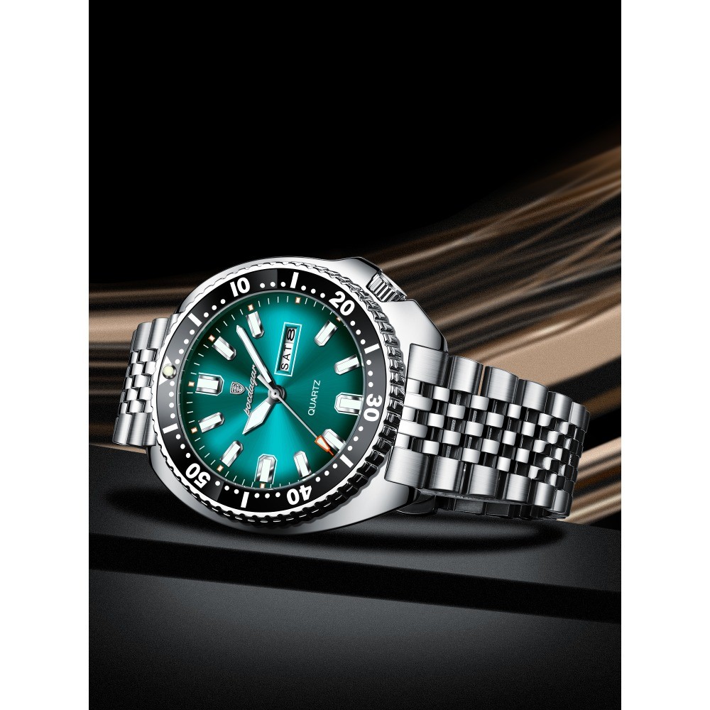 POEDAGAR Men Date Week Waterproof Luminous Casual Stainless Steel Quartz Watch