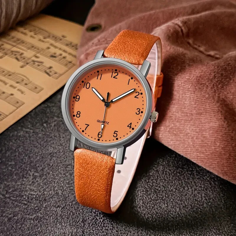 Vintage Women’s Quartz Wristwatch with PU Leather Strap, Letter Printed Plastic