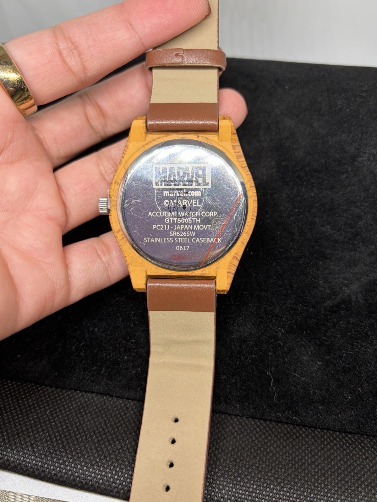 Marvel Groot Wood Case Quartz Analog Watch Brown Leather Strap 35mm Green Bezel