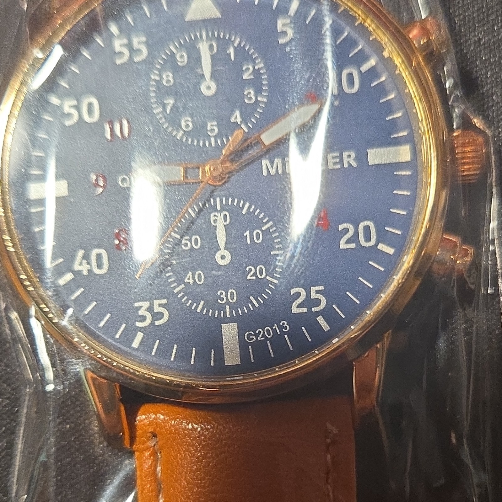 MiGeer Quartz Chronograph Watch Blue Dial Gold Tone Case Brown Leather Strap
