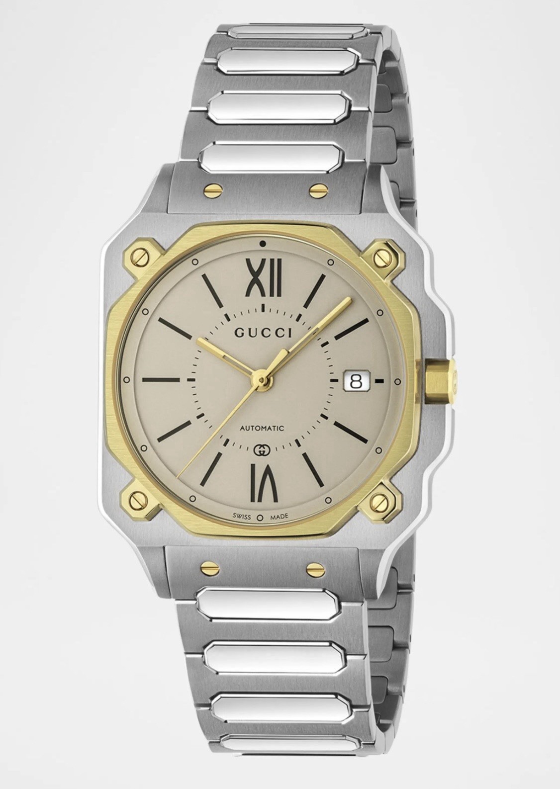 Gucci 25H Two-Tone Stainless Steel Automatic Watch Silver Dial Date Display