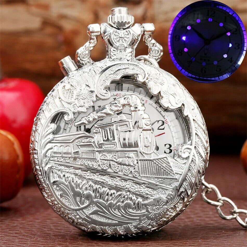 Steampunk Train LED Display Unisex Quartz Pocket Watch Antique Pendant Fob Chain