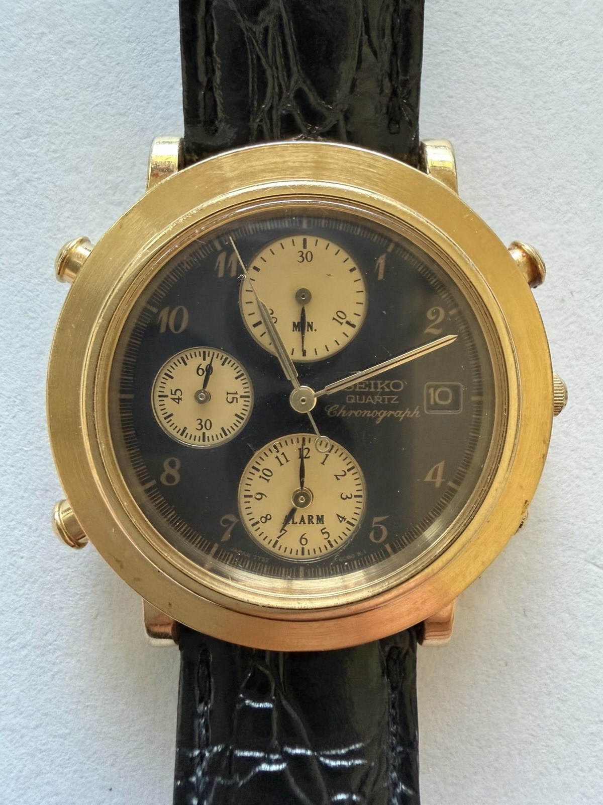 Seiko Chronograph Alarm watch 7T32-6C30, featuring a gold-plated case