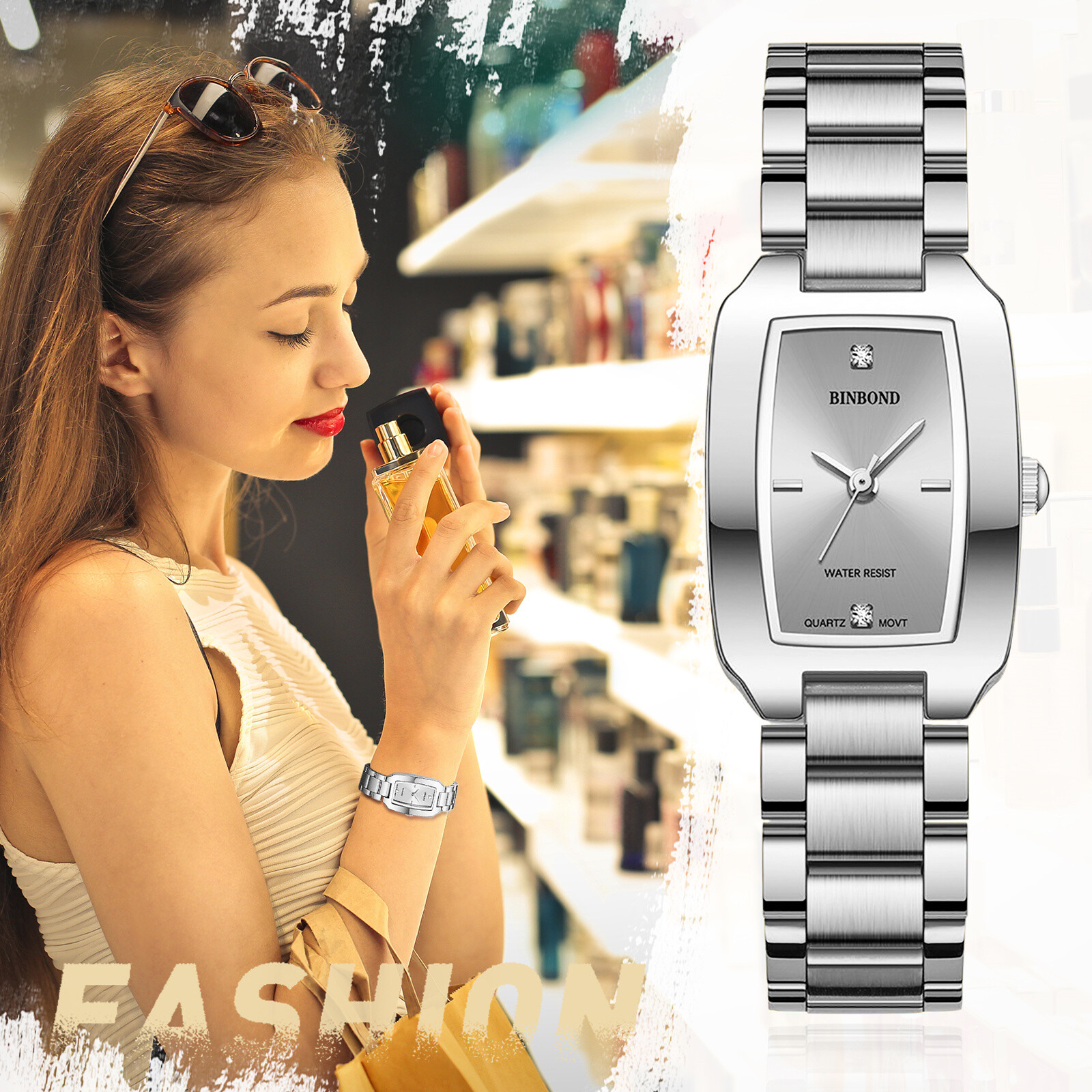 Women’s Charm Rectangle Dial Quartz Wrist Watch Stainless Steel Rhinestone Dial
