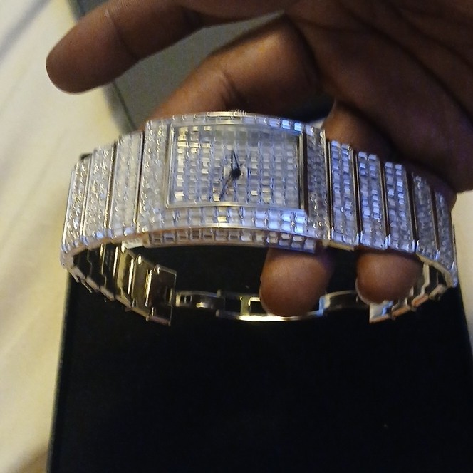 Silver Rectangular Dress Wristwatch Diamond Pattern Dial Crystal Accents