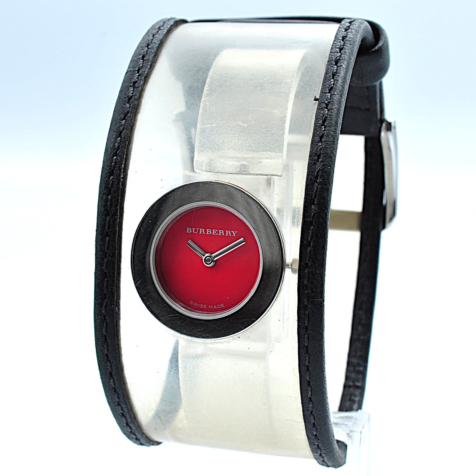 Burberry 14500L Swiss Made Watch Red Dial Clear Bangle Strap Quartz Women w-8030
