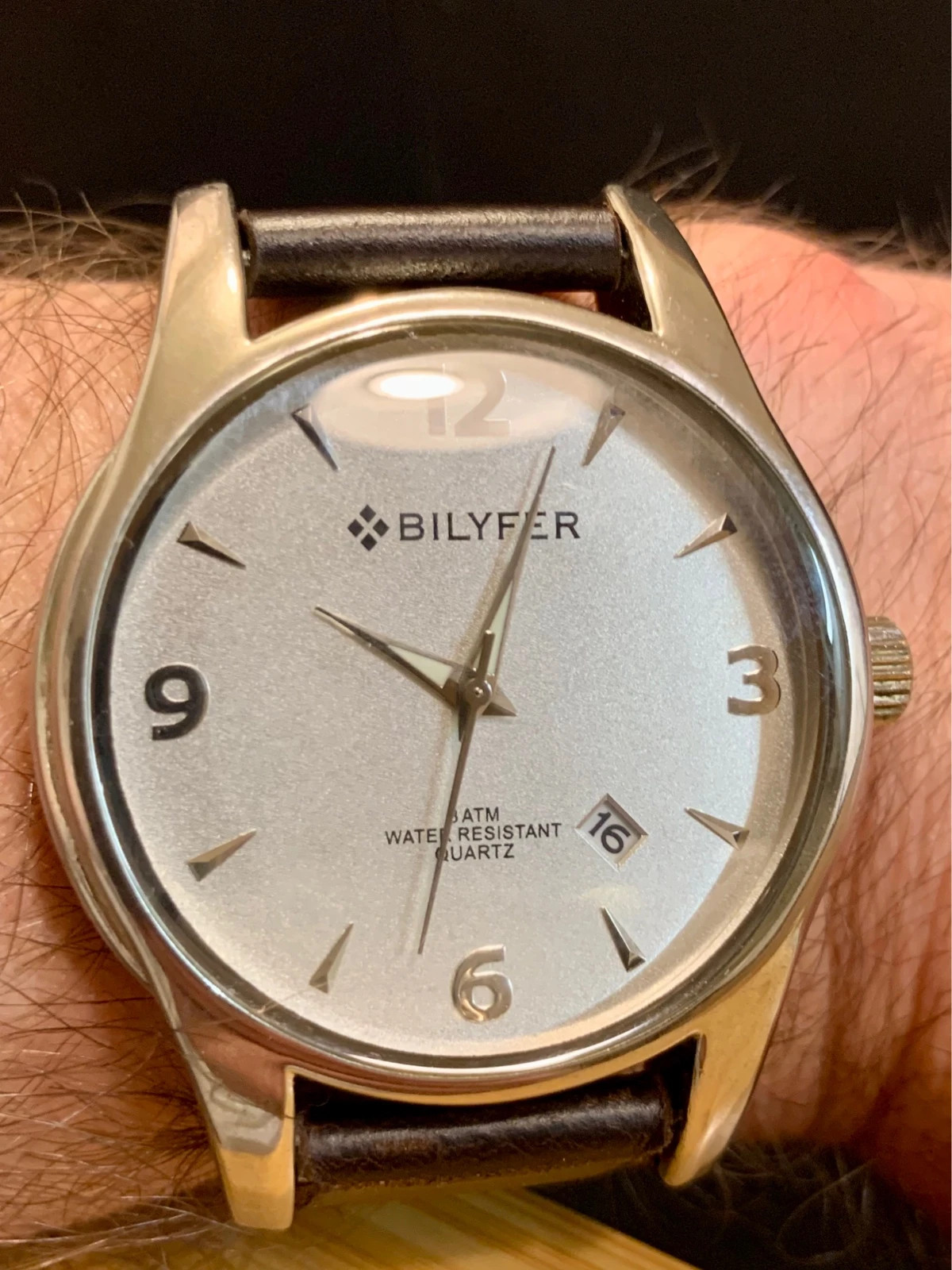 Bilyfer Classic 42mm Watch Silver Dial Brown Leather Strap