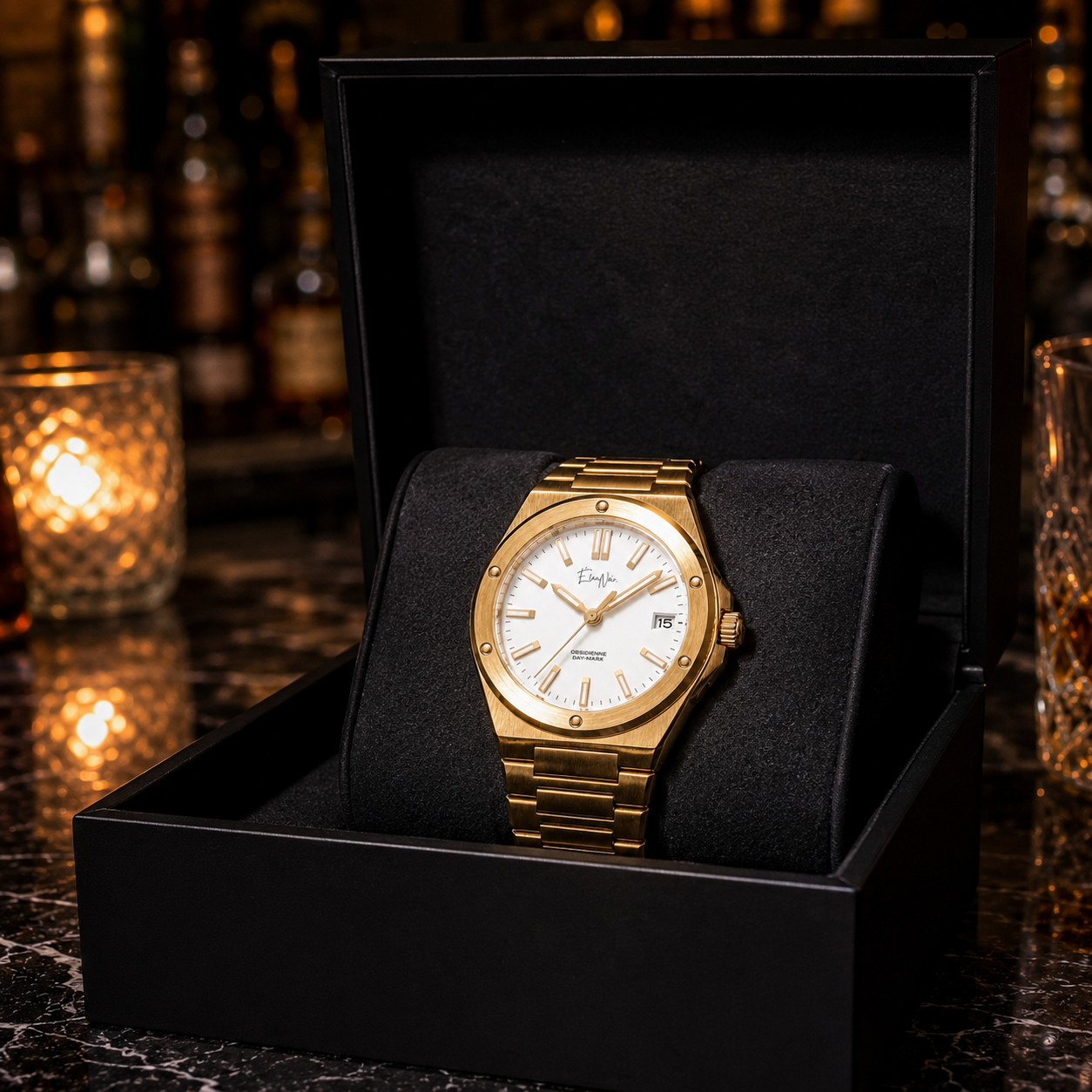 Custom Élan Noir Day-Mark Auto NH35 Watch Gold White Dial Sapphire Steel 41mm