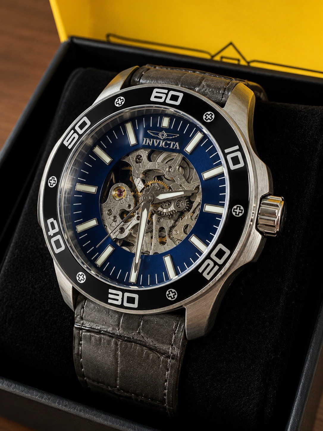 Invicta Specialty Mechanical Skeleton Blue Dial Gray Leather Men’s Watch 30771