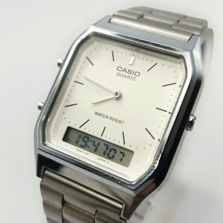 Casio Men’s Analog Digital Square Silver White Watch Japan Quartz 0712104
