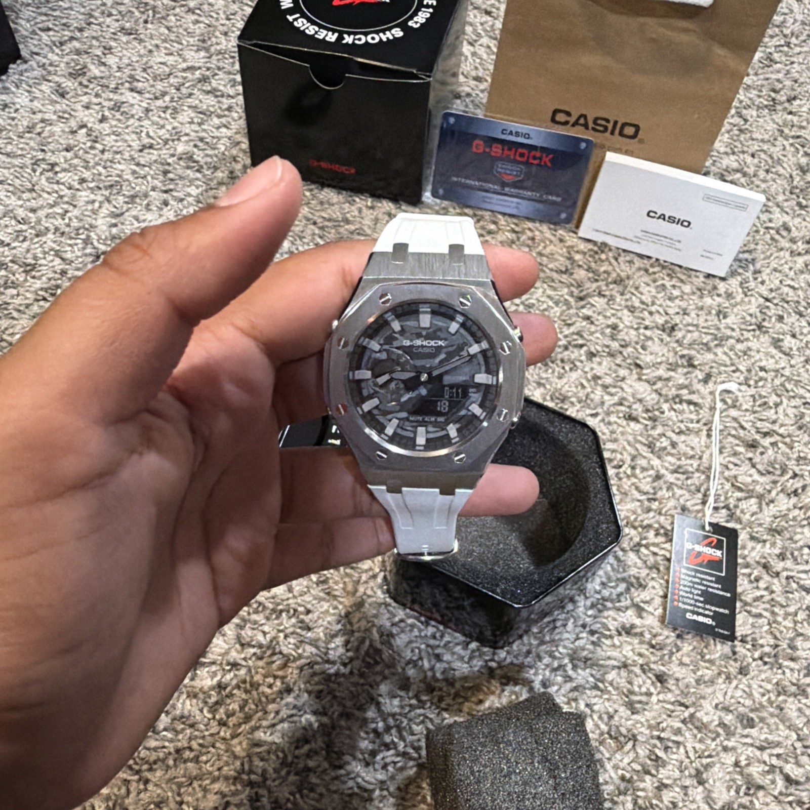 Casio G-Shock GA-2100 Custom Casioak Black And Grey With White Band. With Band