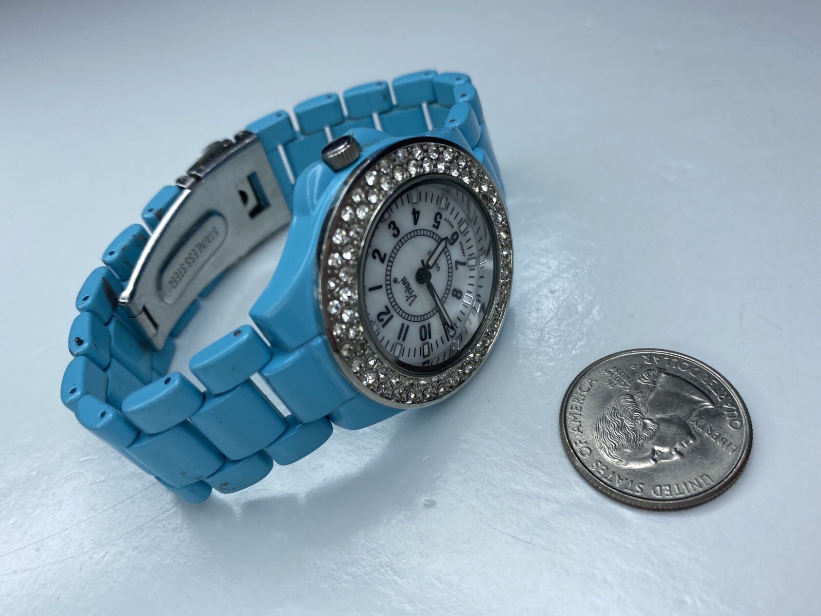 E Vivani Blue Enamel Silver Crystals Japan 1102 Accutime Stainless Untested