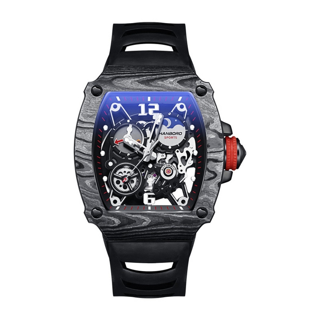 HANBORO Men Automatic Watch Tonneau Mechanical Wristwatch Sapphire Carbon Fiber