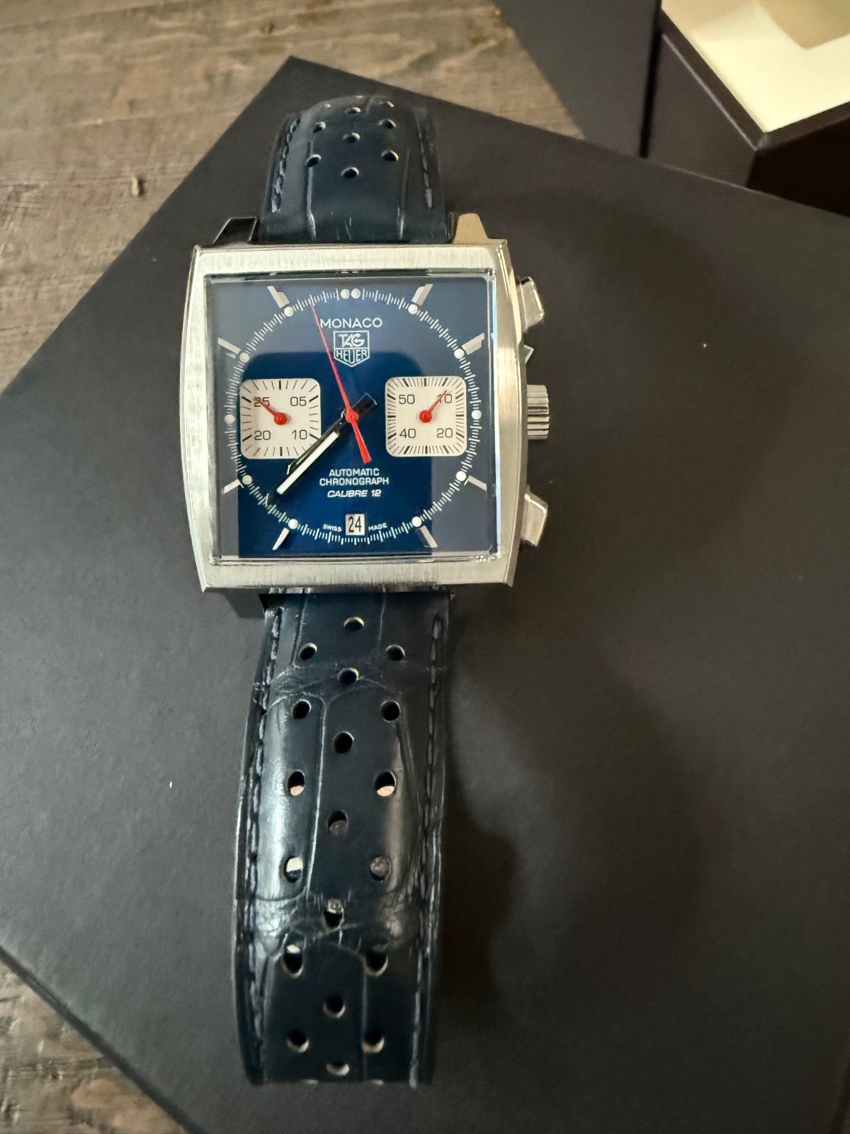 Tag Heuer Monaco,Caliber 12, FULL SET WITH BOX, Blue Dial, Alligator Strap