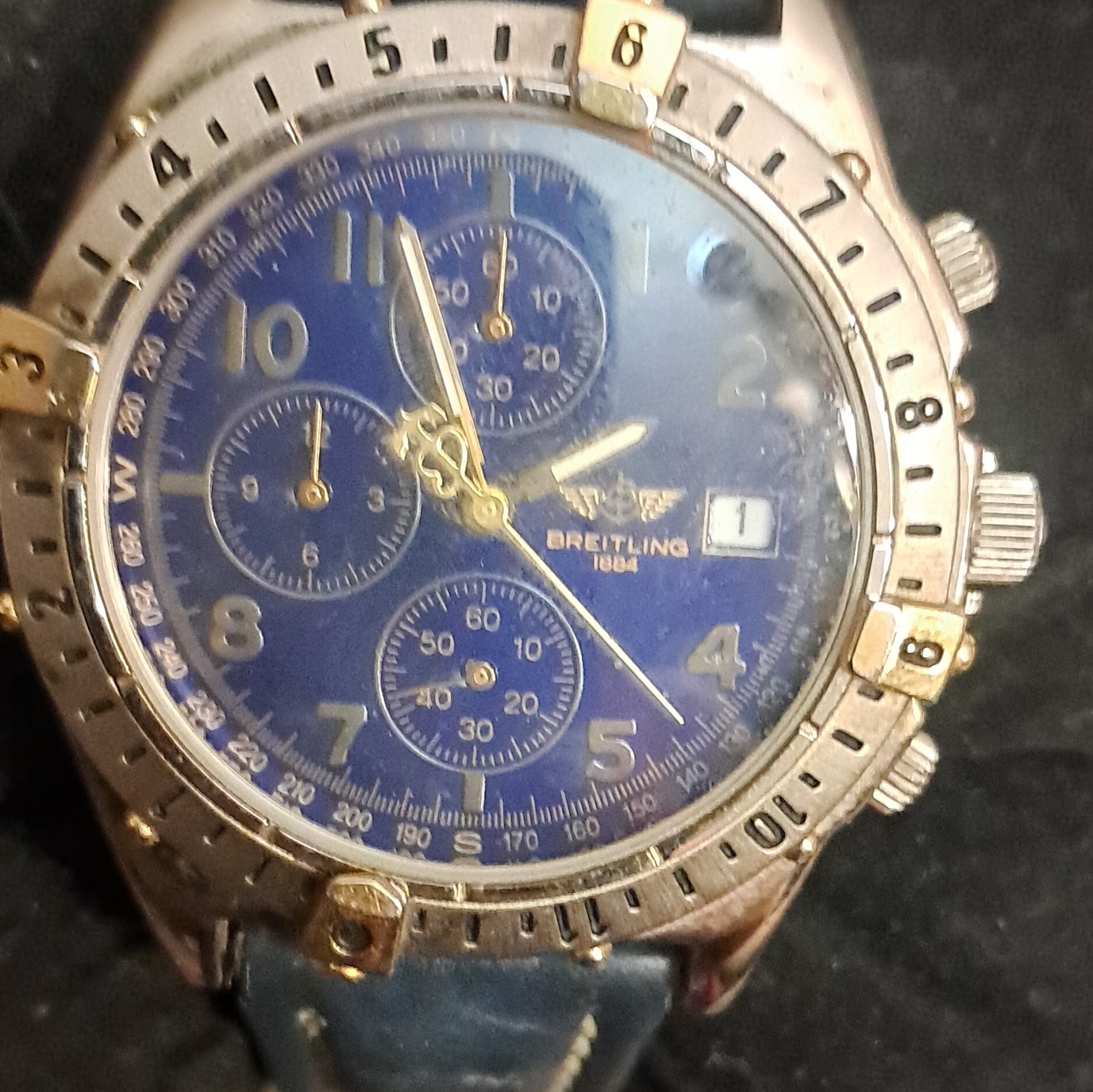 Breitling Blue Dial Chronograph Date Quartz Watch Blue Leather Strap 12-Hr
