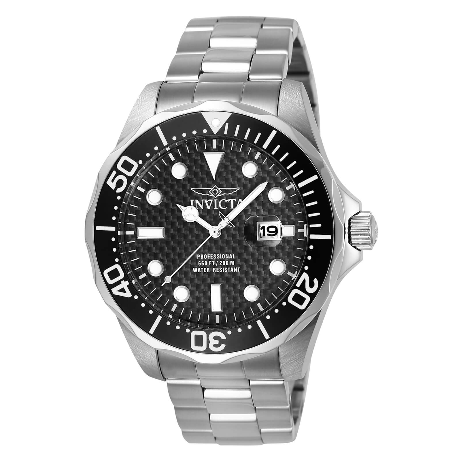 Invicta Men’s Watch Pro Diver Silver SS Bracelet Black Carbon Fiber Dial 12562