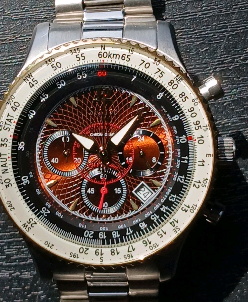Stauer Flyboy 1916 Midnight Men Pilot Watch Bronze Dial Chronograph New Battery