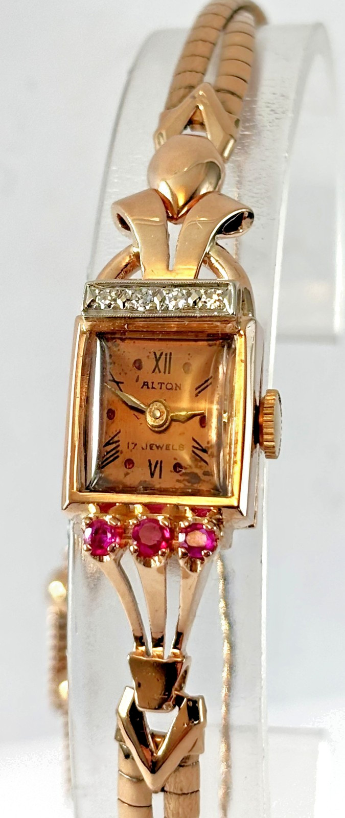 Vintage Alton Solid 14K Rose Gold Diamons Rubies Petite Cocktail Lady’s Watch