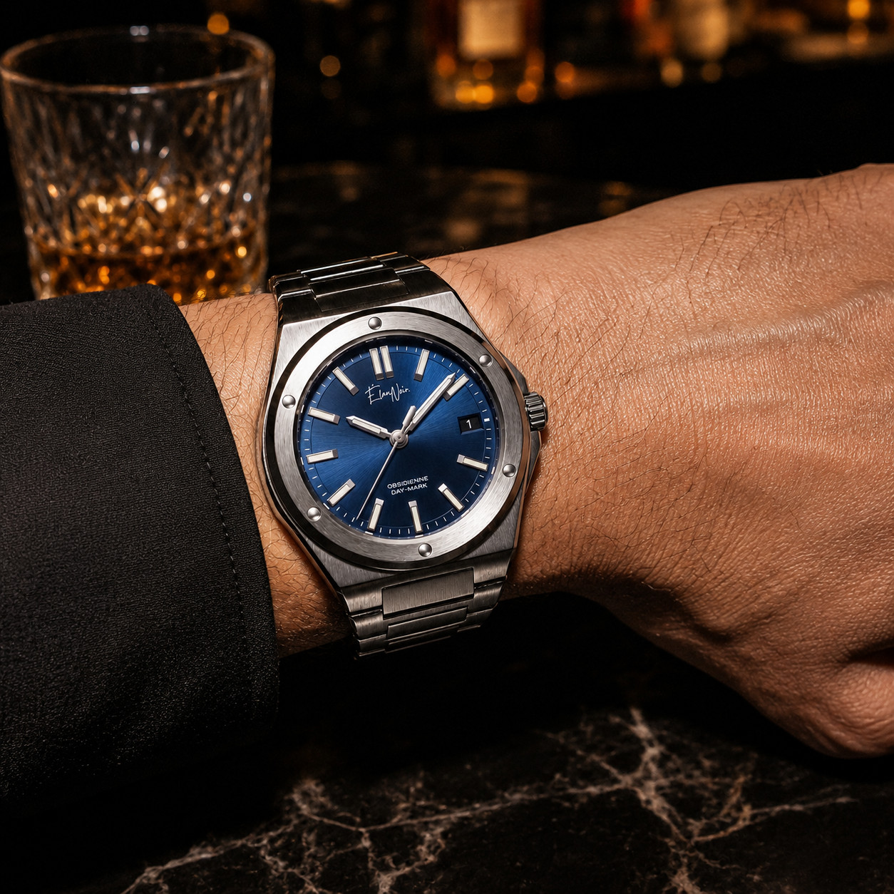 Custom Élan Noir Day-Mark Auto NH35 Watch Navy Dial Sapphire Glass Steel 41mm