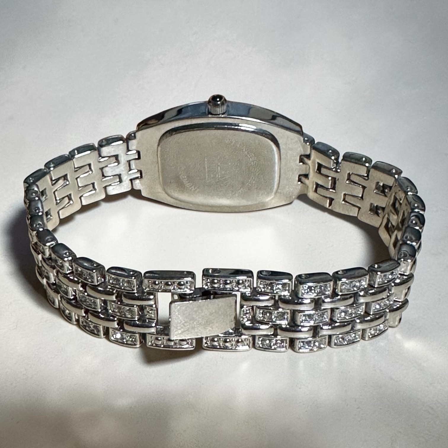 Nolan Miller Womens Silver Tone Rhinestone Bracelet Watch 6-1/4”