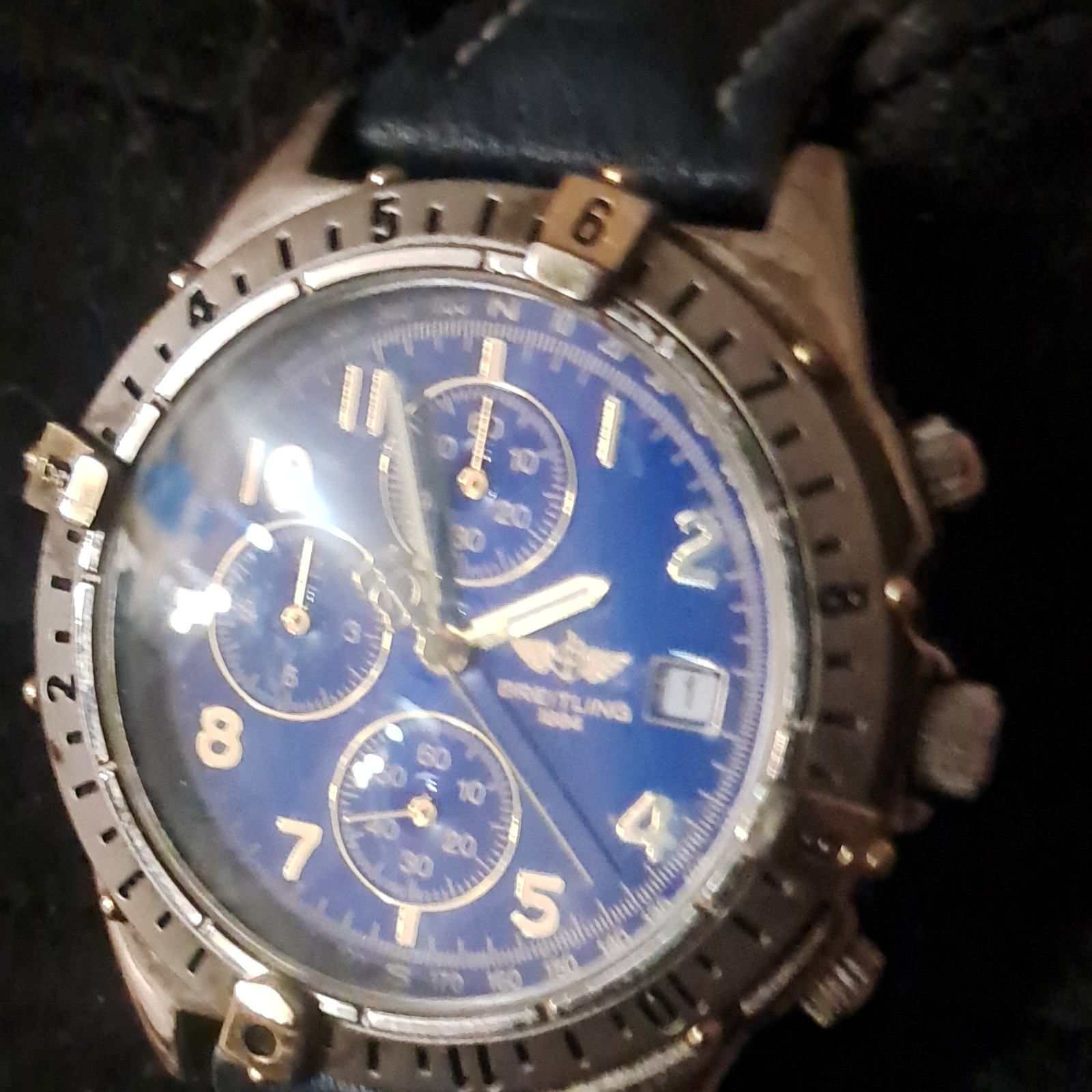 Breitling Blue Dial Chronograph Date Quartz Watch Blue Leather Strap 12-Hr