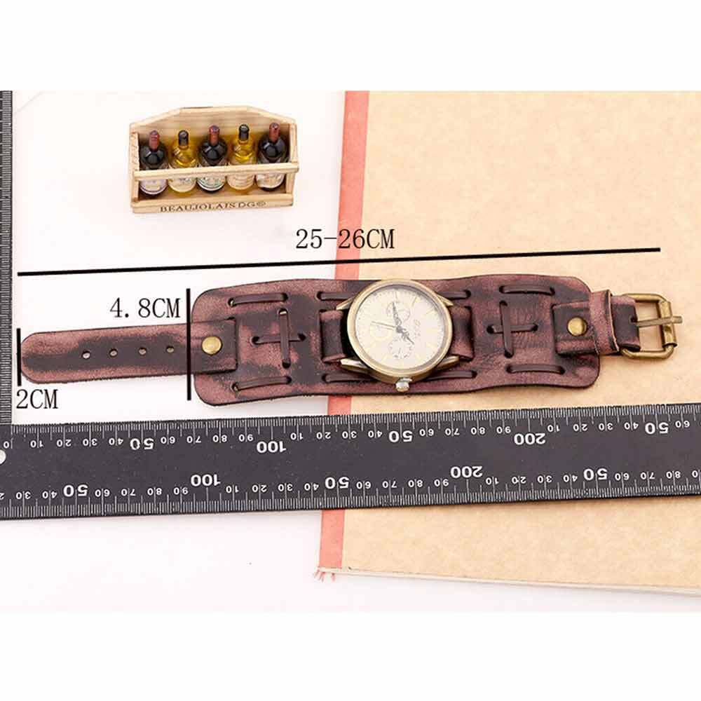 Retro Punk Rock Leather Bracelet Cuff Men Wrist Watch Wide Band Quartz Watch