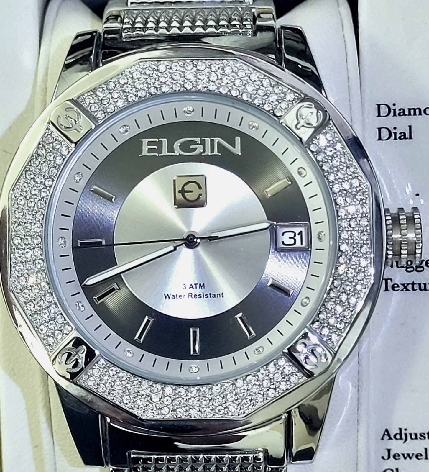 Rare Diamond Paved Bezel Mens Watch Elgin Authorized Dealer