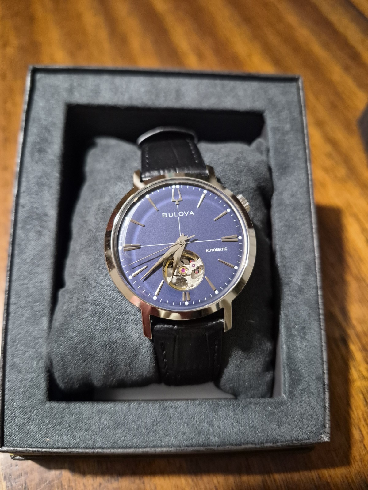 Bulova Aerojet Automatic Dress Watch Blue Dial Black Leather Strap Box