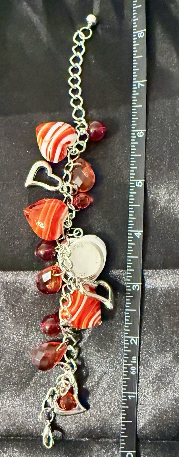 Heart Charm Bracelet Watch Silver Tone Red Crystal Beads Quartz New Battery