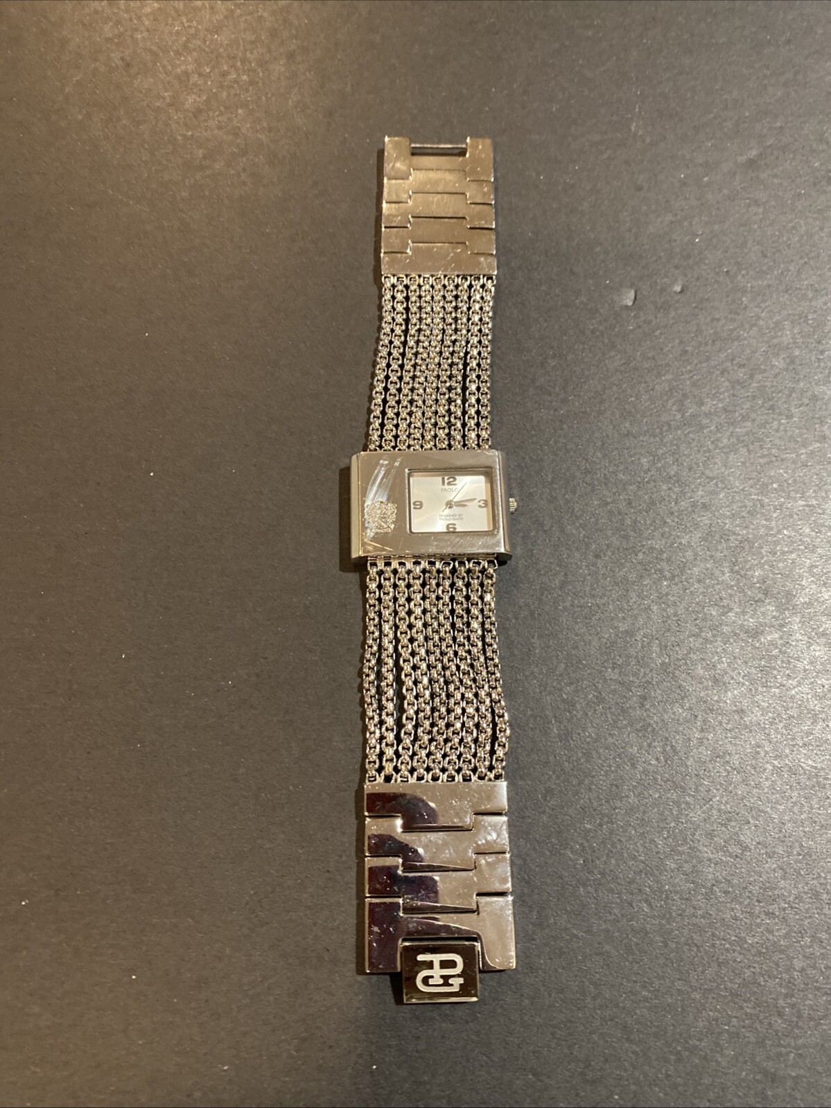 Designer Paolo Gucci Logo Silver Tone Multi Chain Bracelet Watch