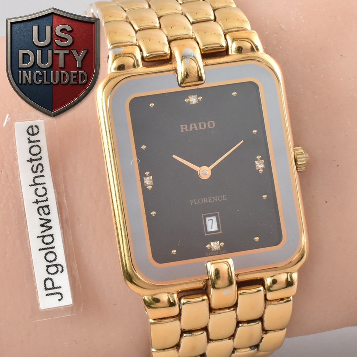 Box Vintage Rado Florence 160.3651.2 Gold Black Dial Date Quartz Men’s Watch