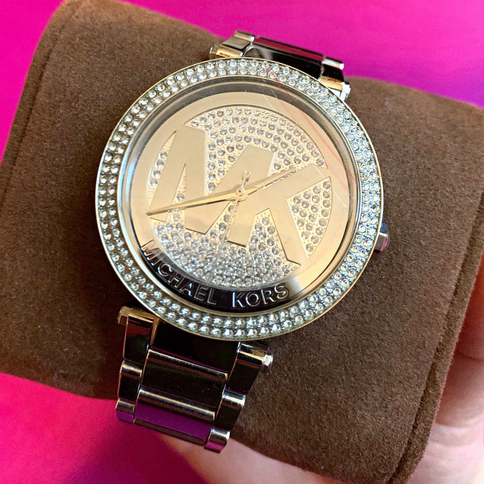 Michael Kors Women’s Silver-Tone Crystal Bezel Logo Dial Quartz Watch