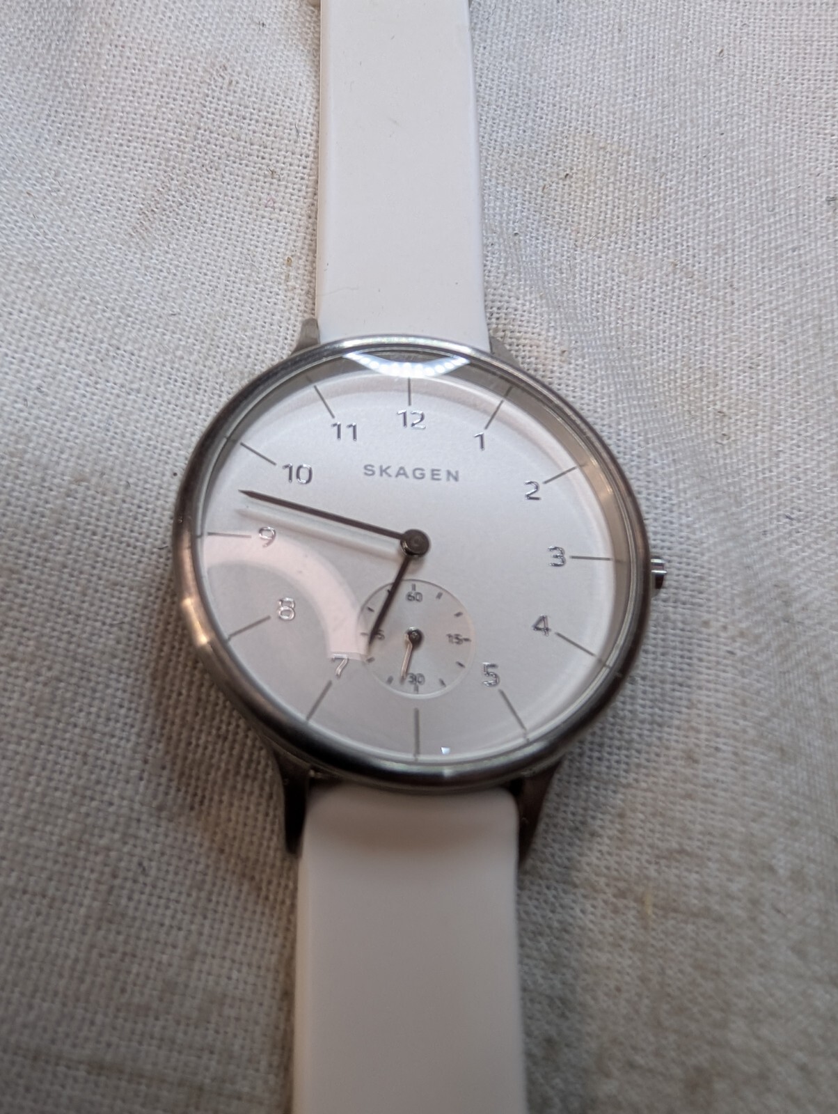 Skagen Anita Watch Women 34mm Dial White Band Small Seconds New Battery