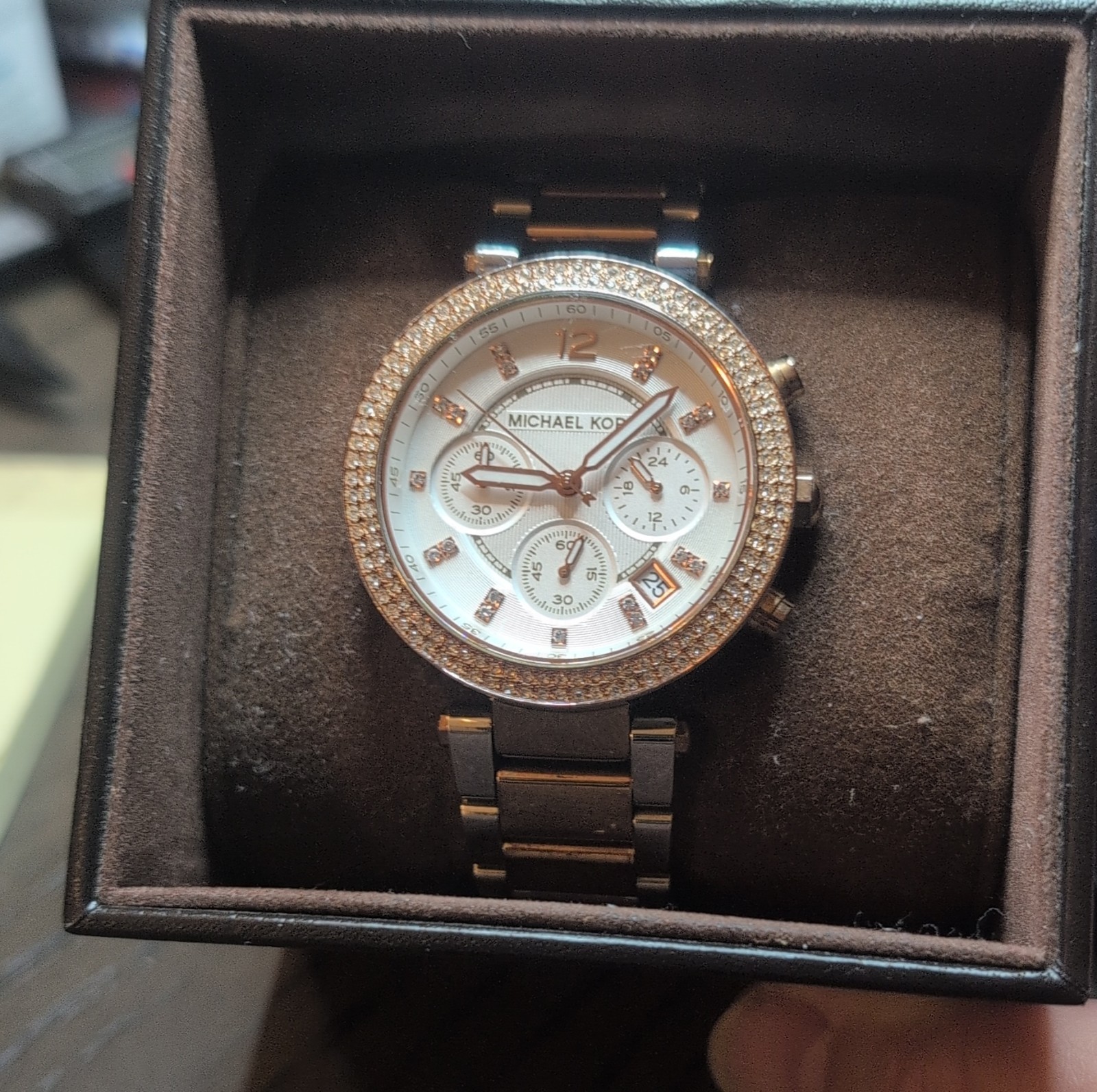Michael Kors Parker Chronograph Silver Rose Gold Wristwatch Gemstone Bezel