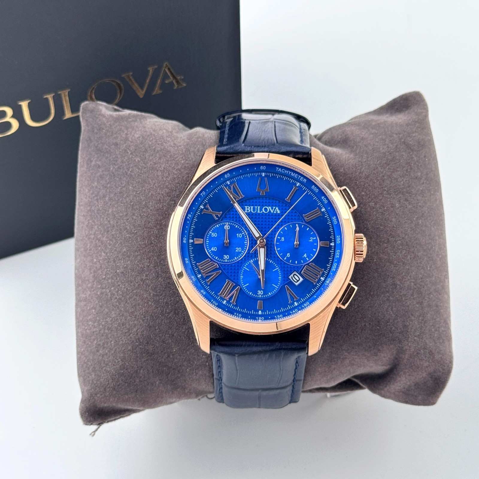 Bulova Classic Wilton 97B170 Blue Dial Leather Strap Men’s Chronograph Watch