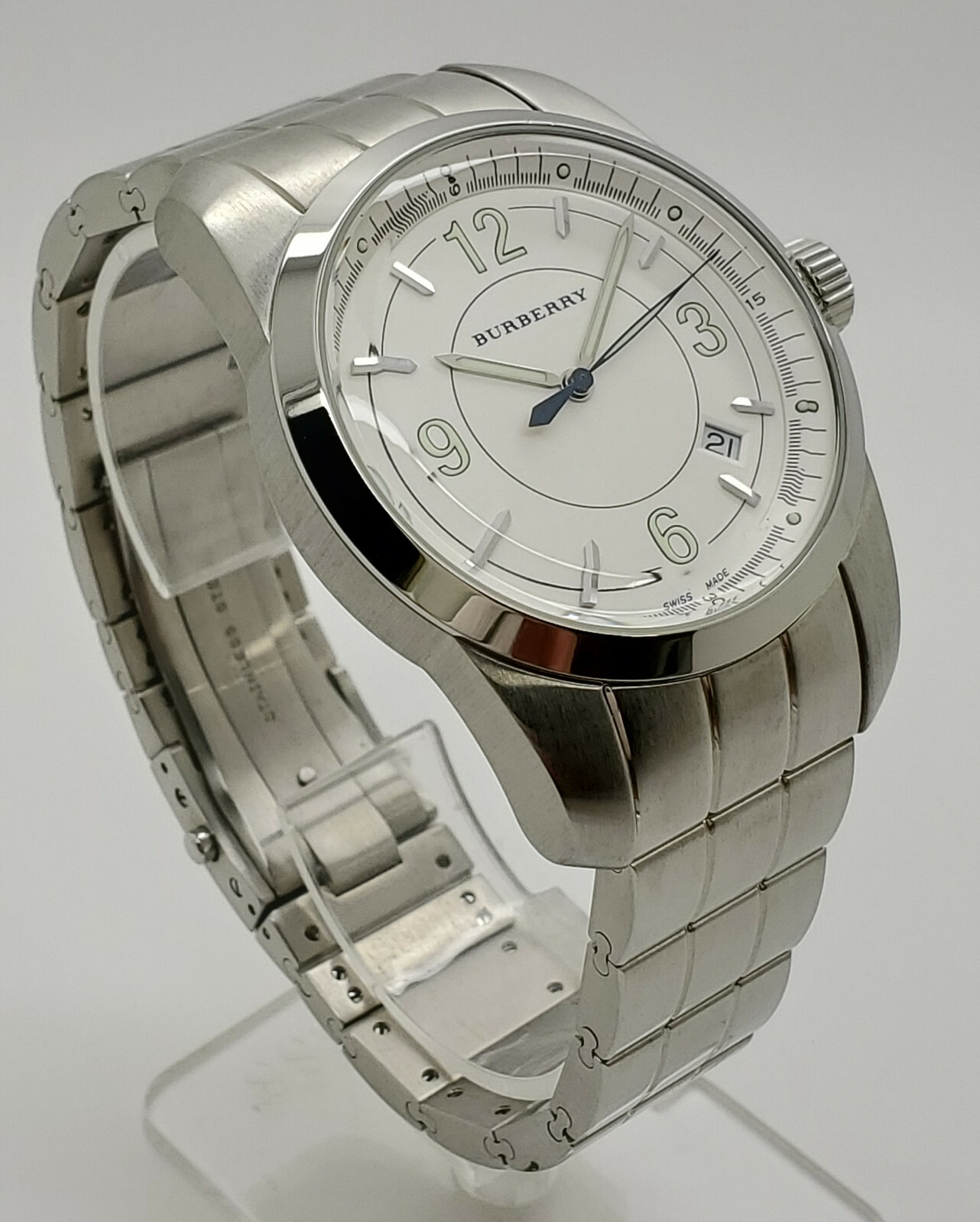 Burberry BU7301 Silver Tone White Date Dial Mens Swiss Made Dress Watch