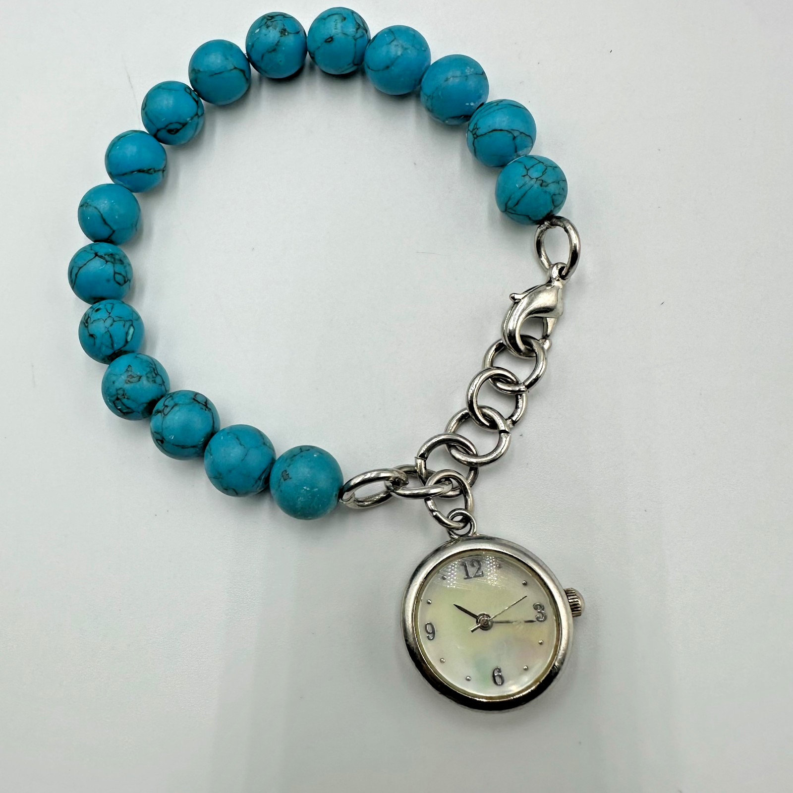 Faux Turquoise Band Beaded Watch Women Mother of Pearl Dial Works 7.75 Inch