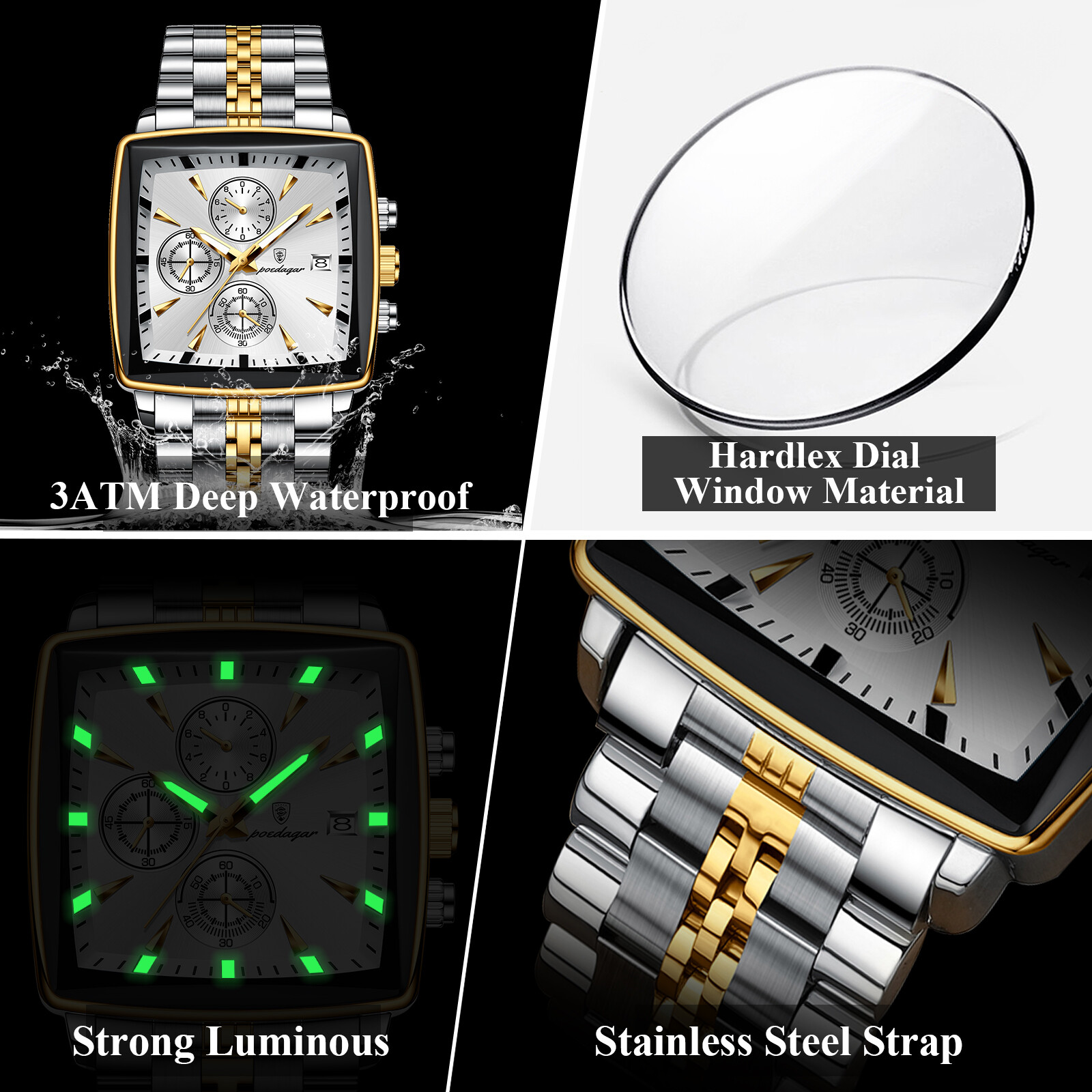 2024 POEDAGAR Luxury Men’s Quartz Watch Square 3Bar Chronograph Stainless Steel