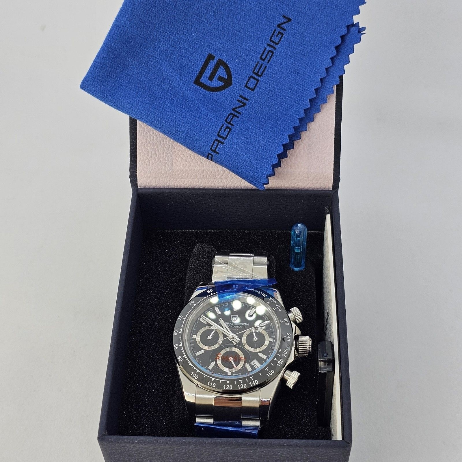 Pagani Design Men’s Watch 40MM Black Dial Black Bezel Gray Bracelet Band Date