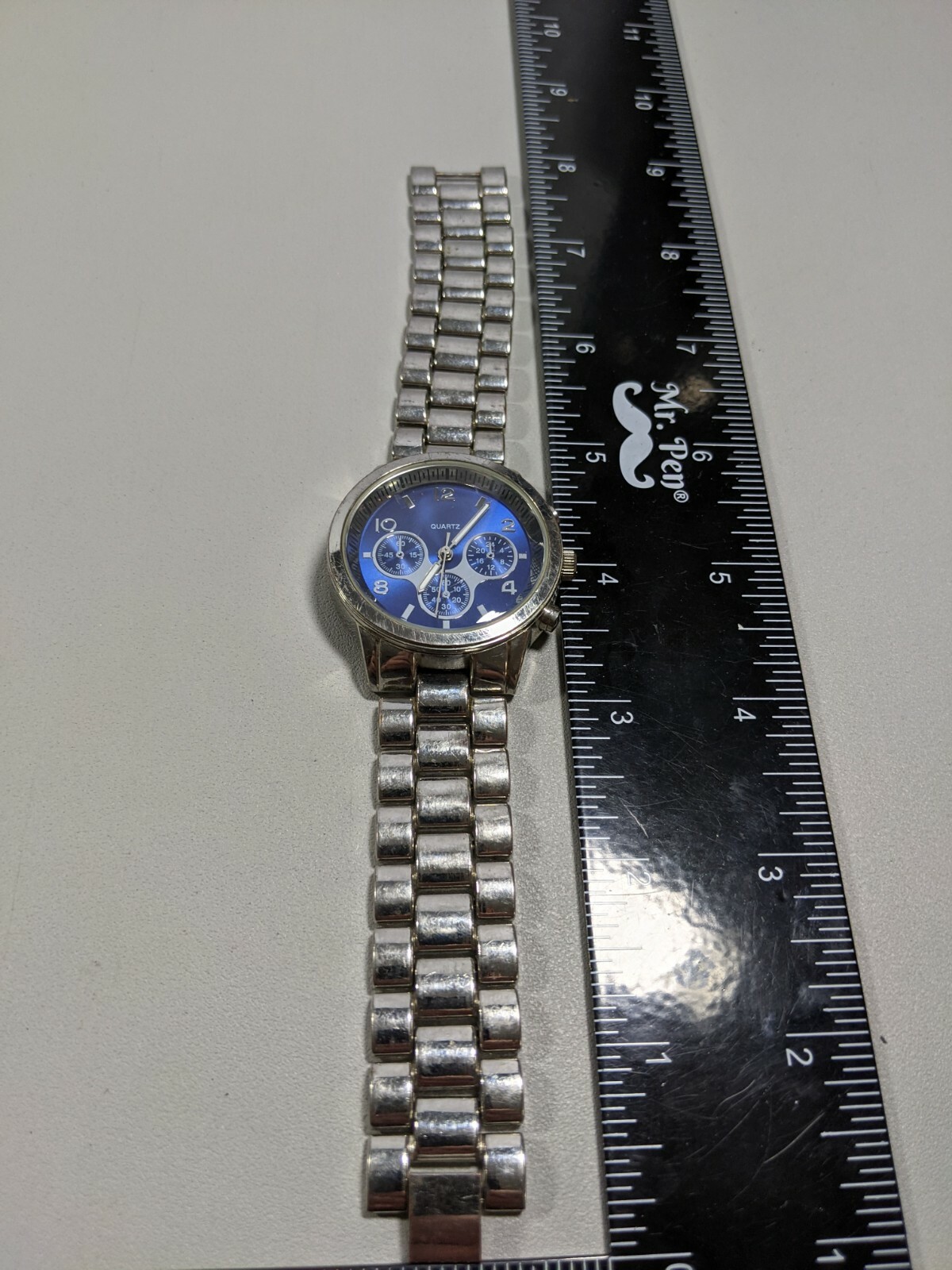 Blue Dial Silver Tone Round Case 38 mm Block Style Band Watch 8 Inch