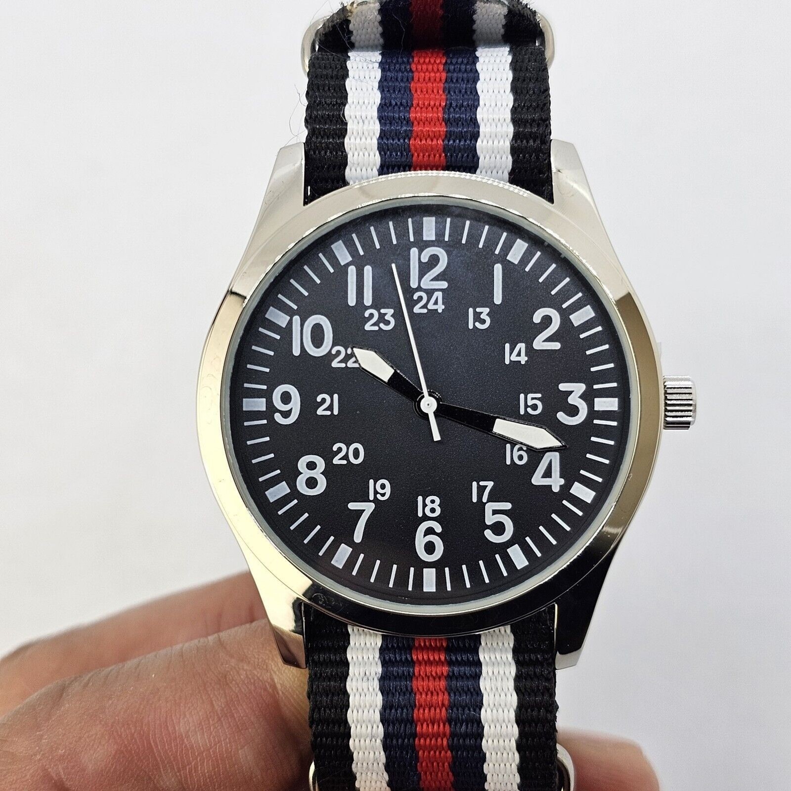 Field Watch Men 42MM Gray Case Black Dial White Red Blue Black Canvas Strap Band