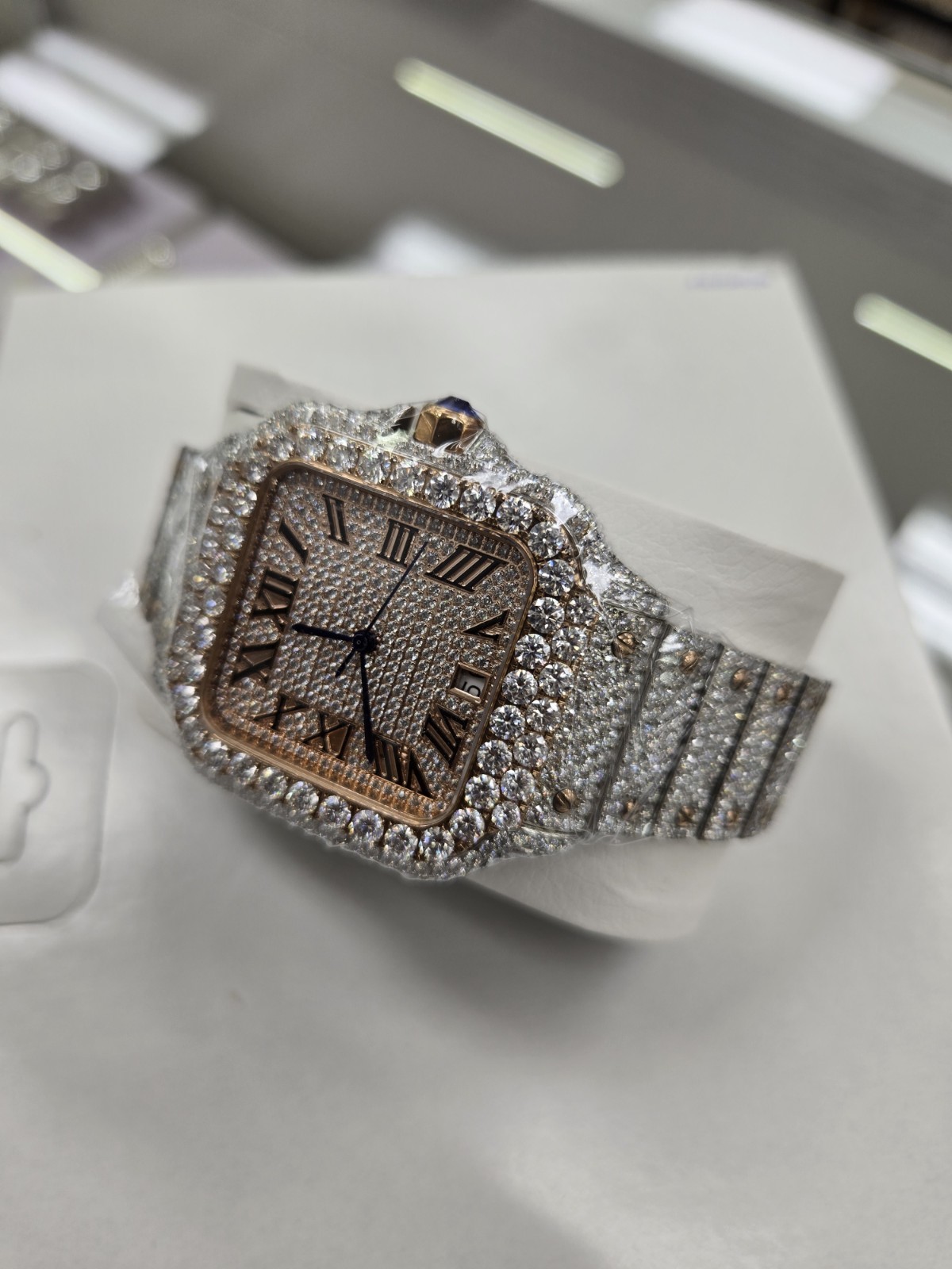 Moissanite Watch, St.Steel Case & Band Steel/Rose G Color Buckle,Brand New w/Box