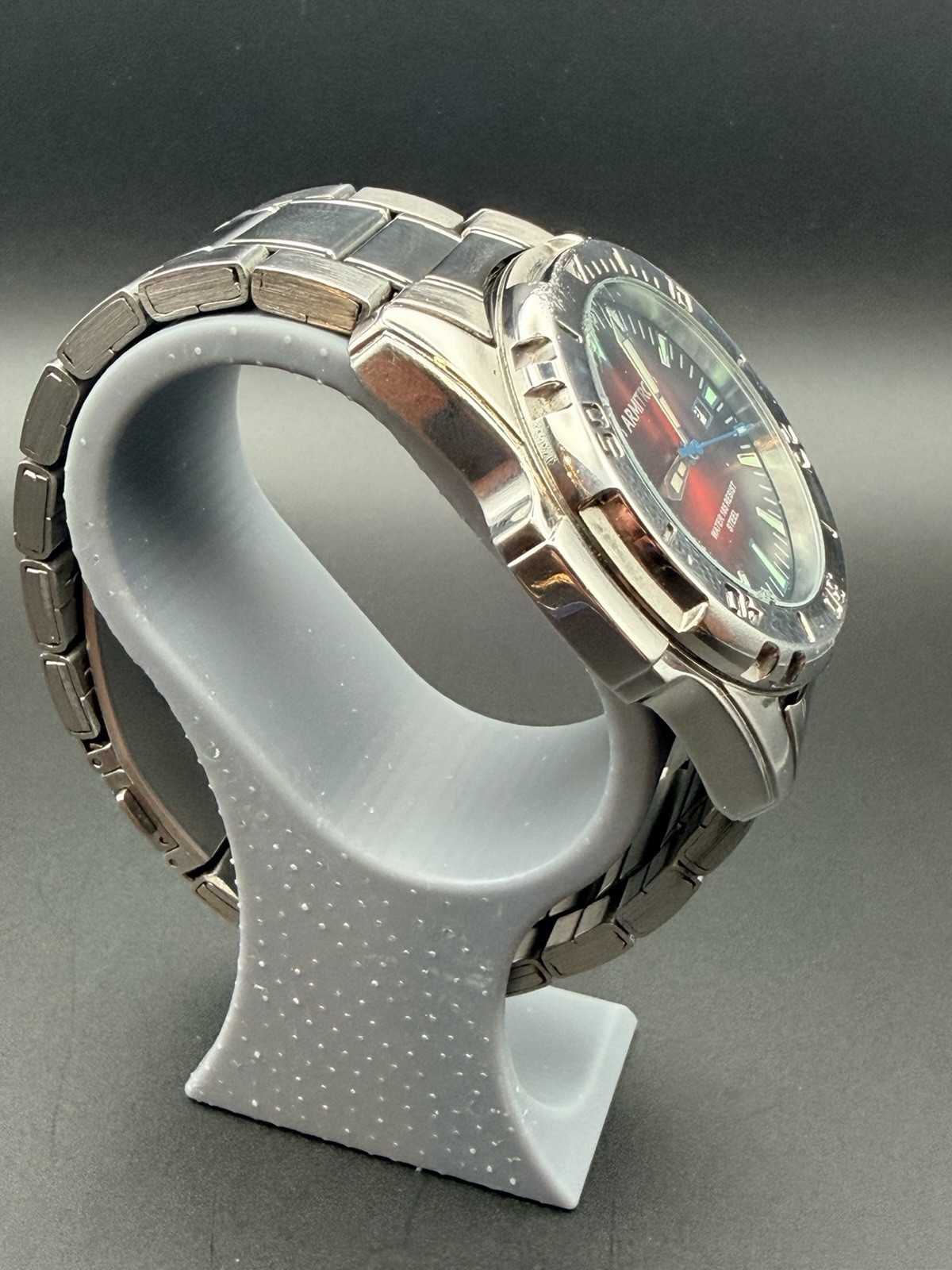 Armitron 20/5494SV Men’s Red Sunburst Dial Stainless Steel Quartz Watch Runs