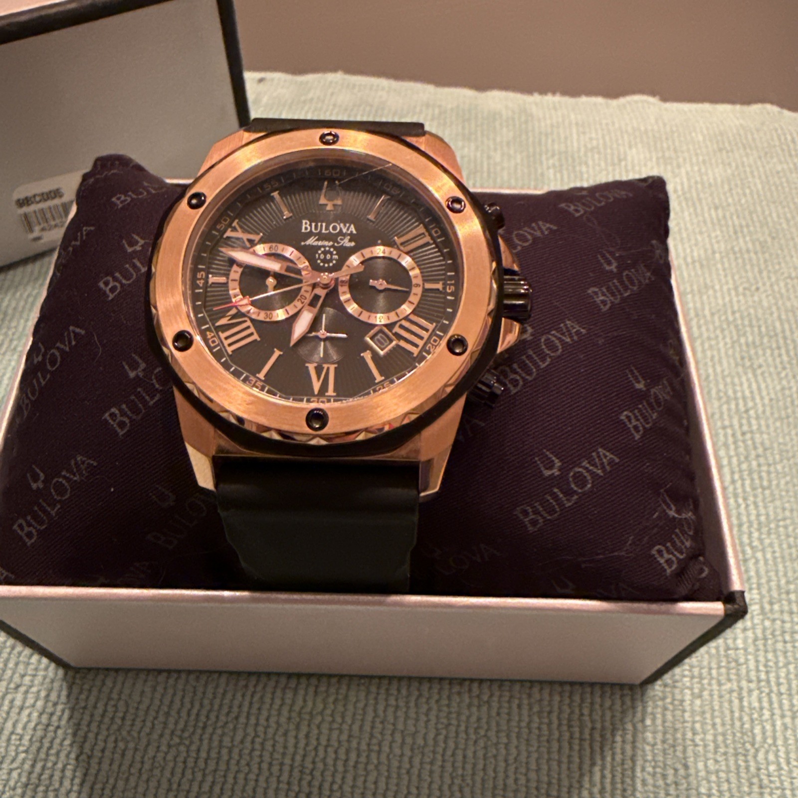 Bulova Men’s Marine Star 98B104 Rose Gold Black Dial Silicone Strap Quartz Watch