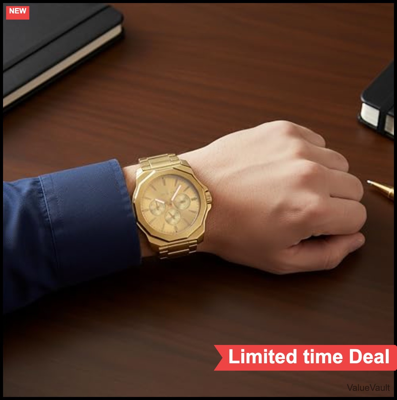 Men’s Quartz Watch 42mm Gold Stainless Steel Band 22mm Fold Over Clasp Push
