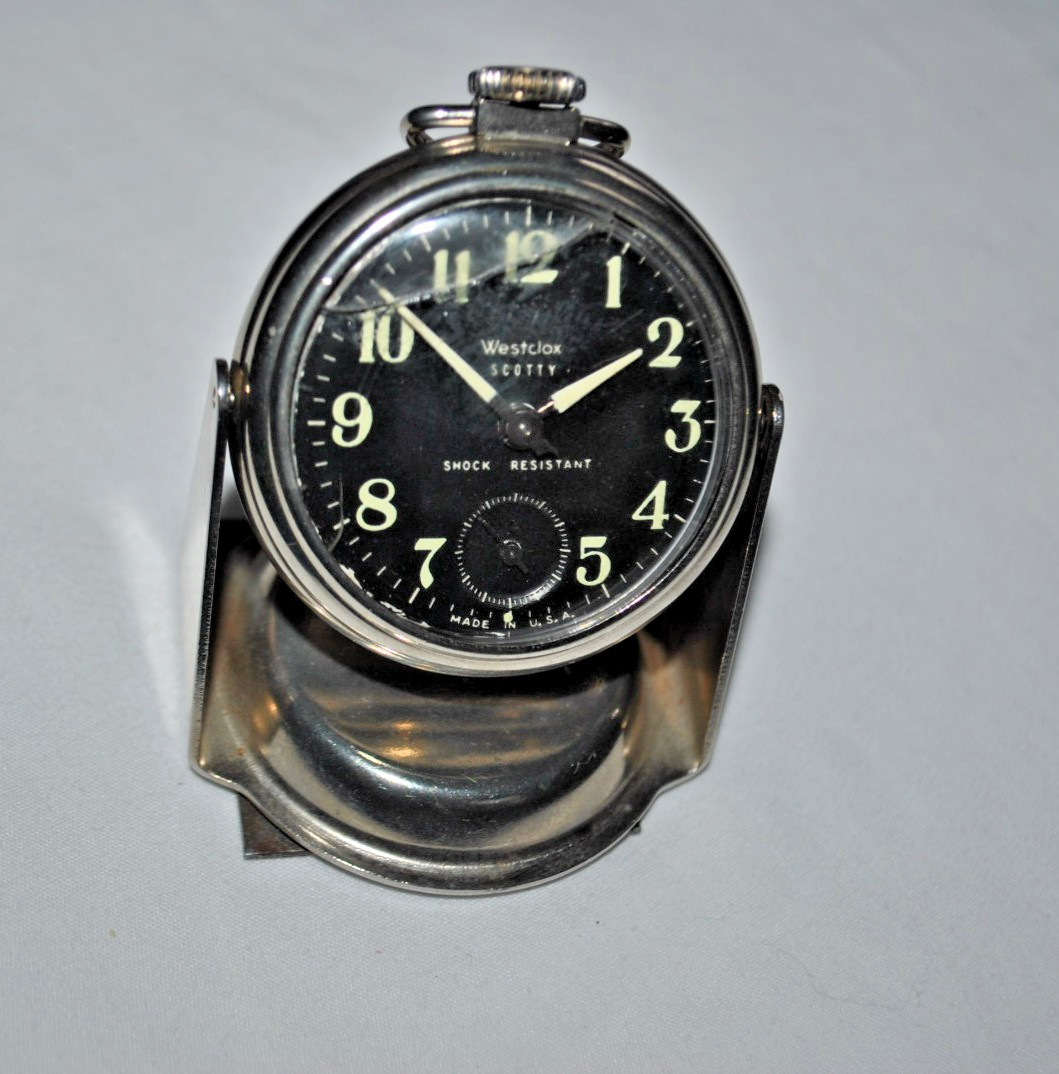 Westclox Scotty Pocket Watch Black Luminous Dial USA Magentic Stand & Chain read