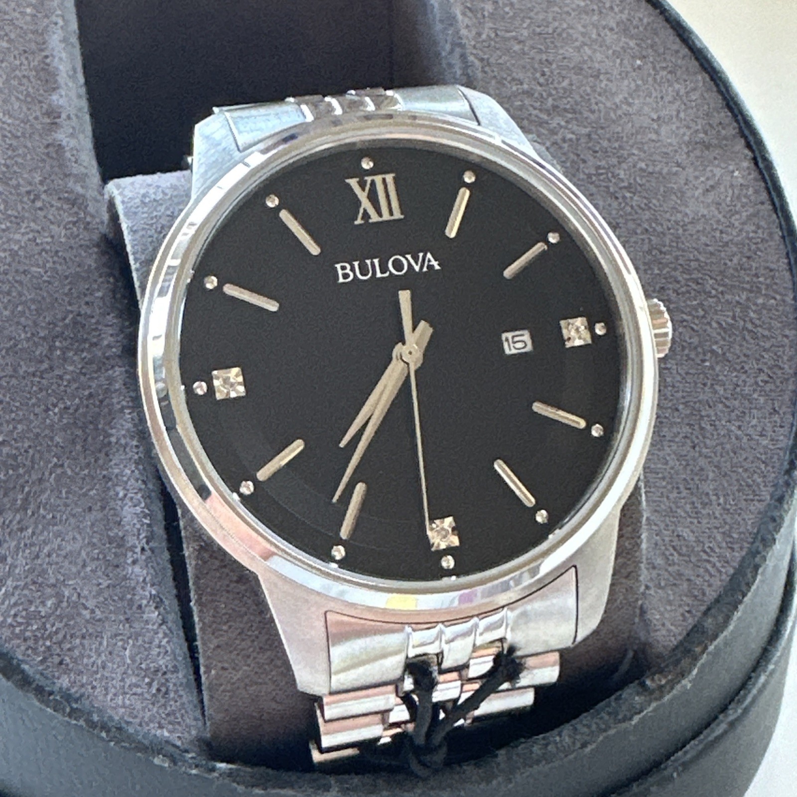 Bulova Men’s Quartz Silver Diamond Accent Marker Black Dial Watch 96D151