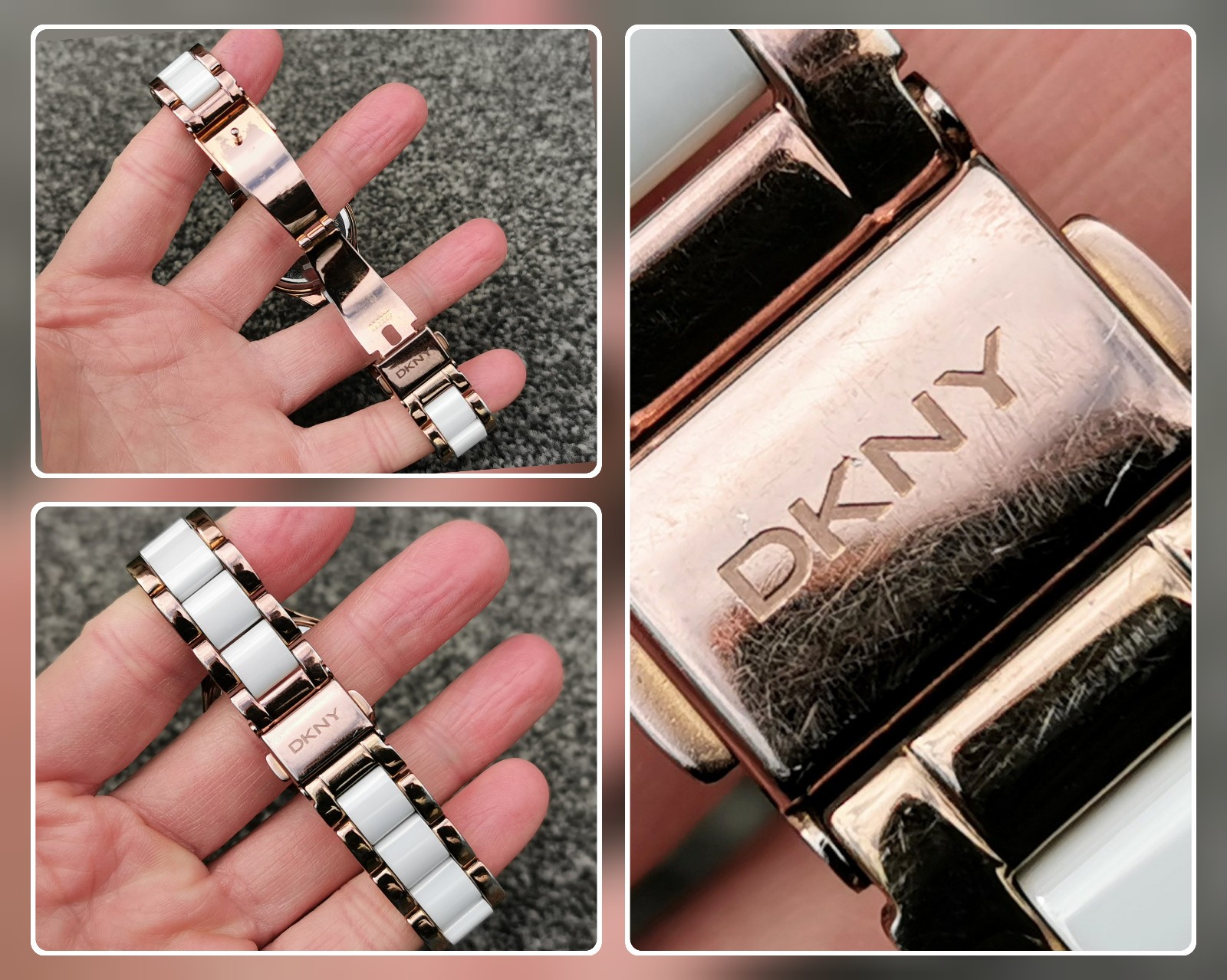 DKNY NY850 Rose Gold Watch, White Round Dial Ceramic Bracelet, Deployment Clasp